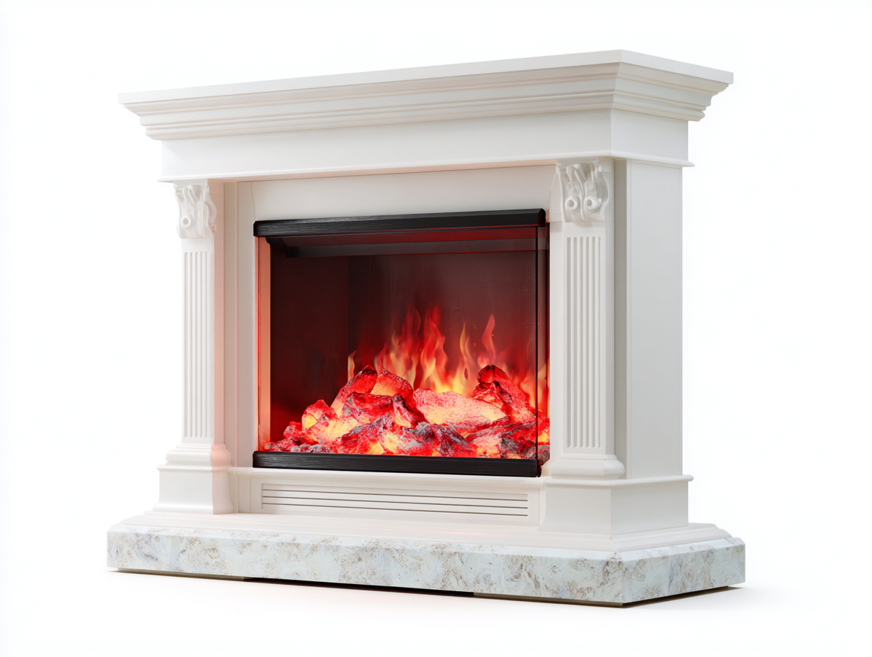 Kamin-MDF-Kunststein-123x36x106 cm-Weiß-Klassisches Design LED Flammeneffekt-Casagohub