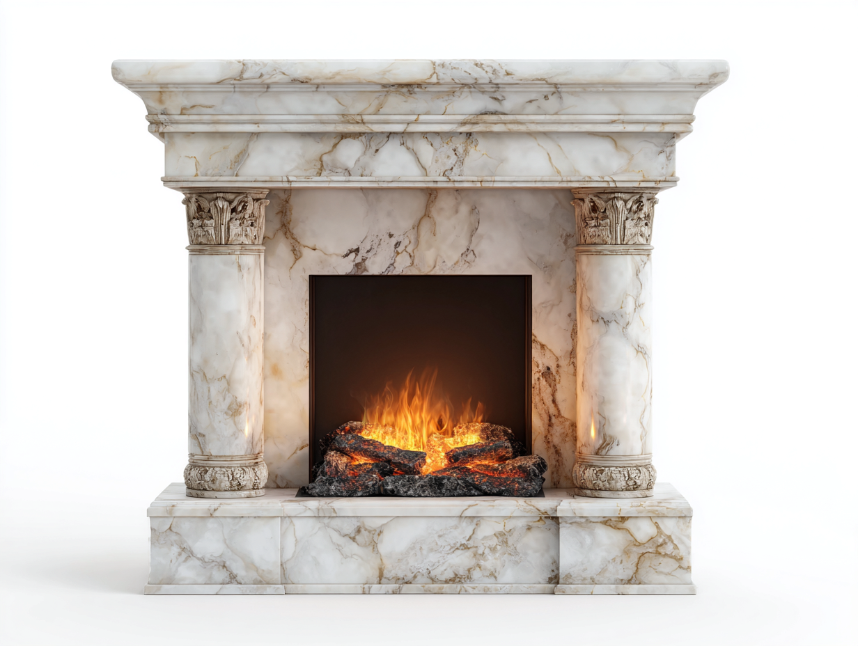 Kamin-Marmor-Metall-148x42x120 cm-Weiß-Klassischer Stil LED Flammeneffekt-Casagohub