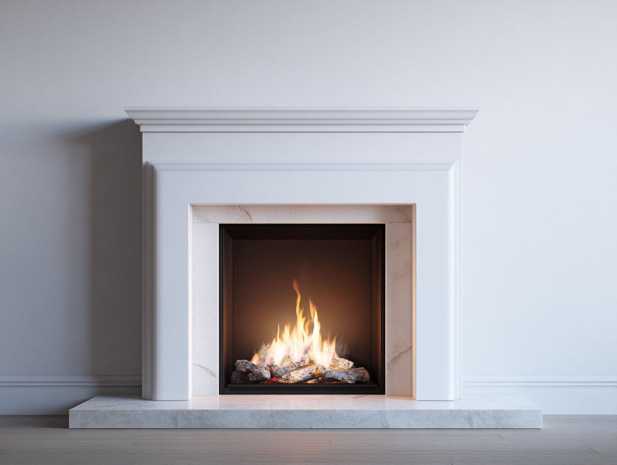 Kamin-MDF-Kunststein-128x38x108 cm-Weiß-Klassisches Design mit LED Flammeneffekt-Casagohub