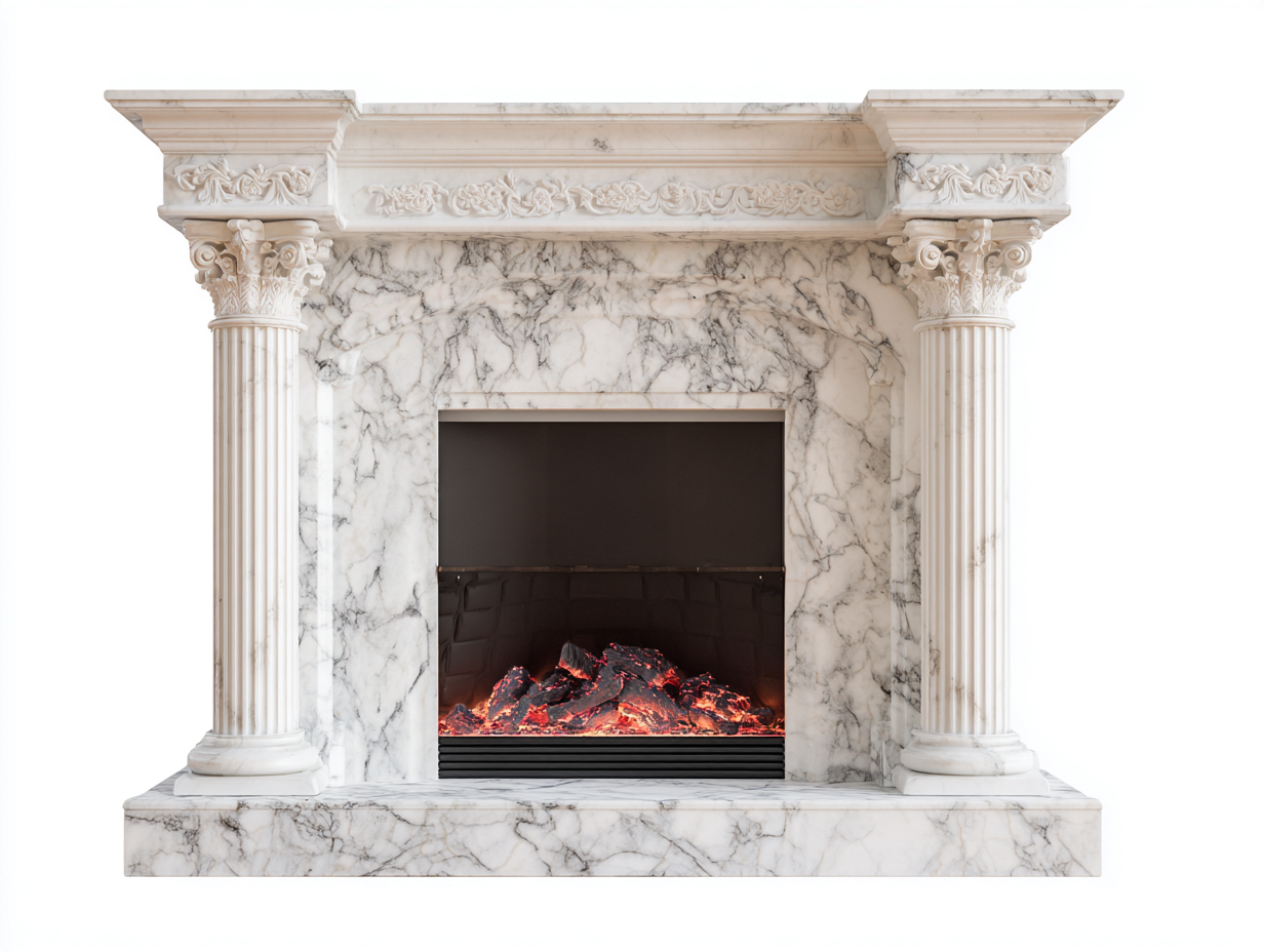 Kamin-Marmor-Metall-142x40x118 cm-Weiß-Klassischer Stil LED Flammeneffekt-Casagohub