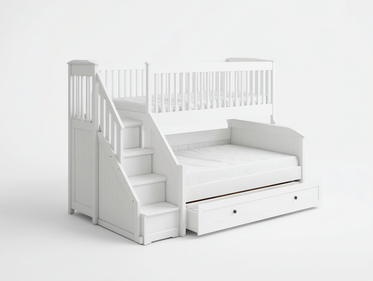 Etagenbetten-Massivholz-Holzwerkstoff-263x150x171 cm-Weiß-Landhausstil mit Treppe und Schublade-Casagohub