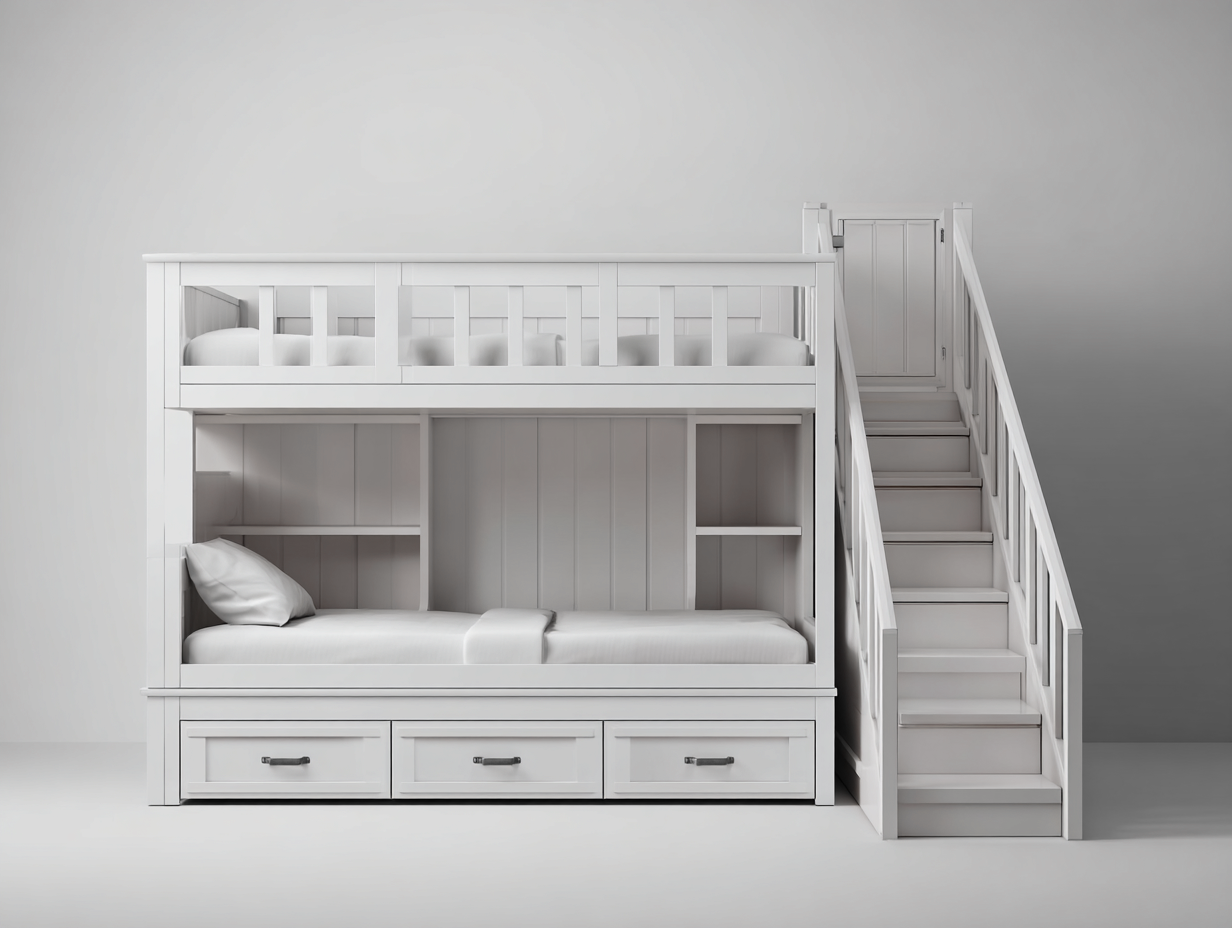 Etagenbetten-Massivholz-Holzwerkstoff-268x152x173 cm-Weiß-Landhausstil mit Treppe und Schubladen-Casagohub