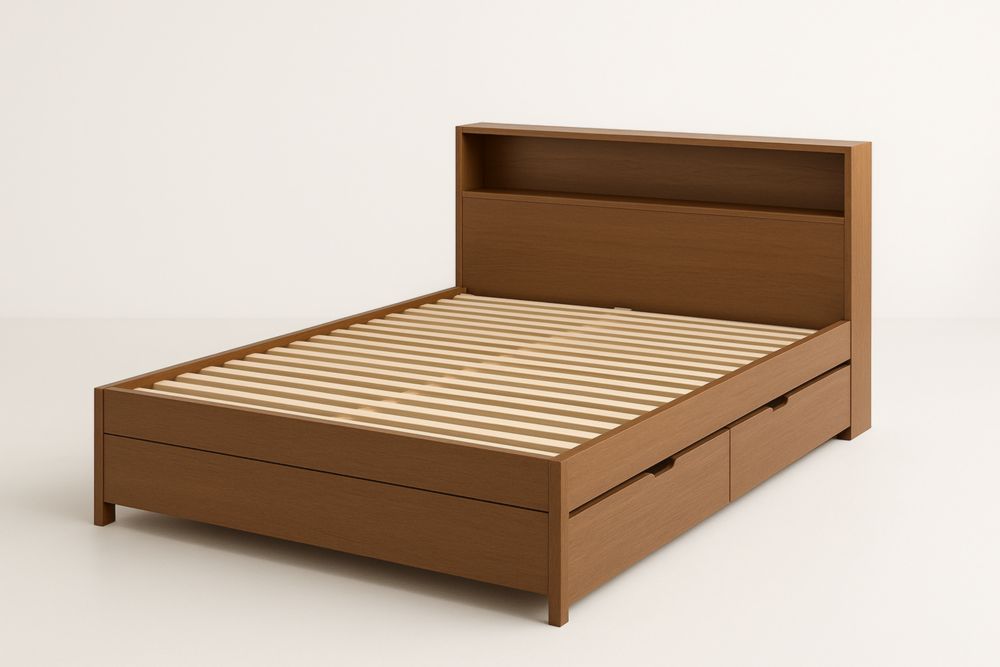 Letto Matrimoniale 160x200 cm in Legno Massiccio Laminato con Cassetti e Testiera con Vano Portaoggetti, Marrone Chiaro