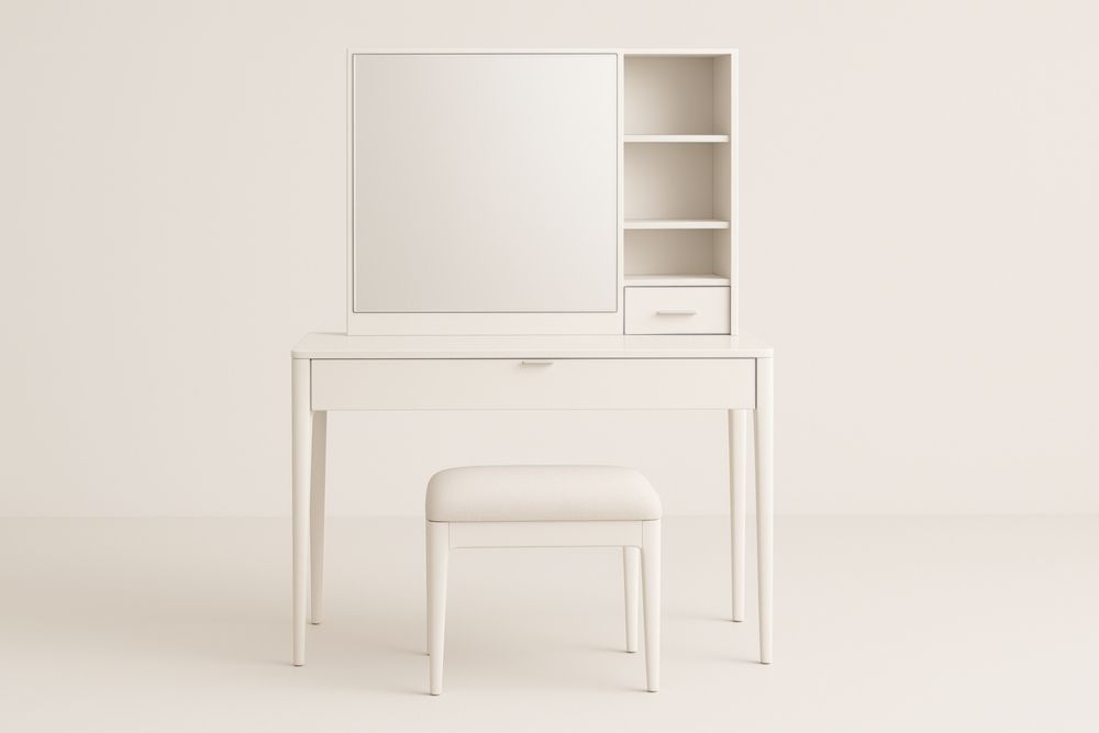 Tavolo da toeletta in legno massiccio bianco con sgabello e specchio