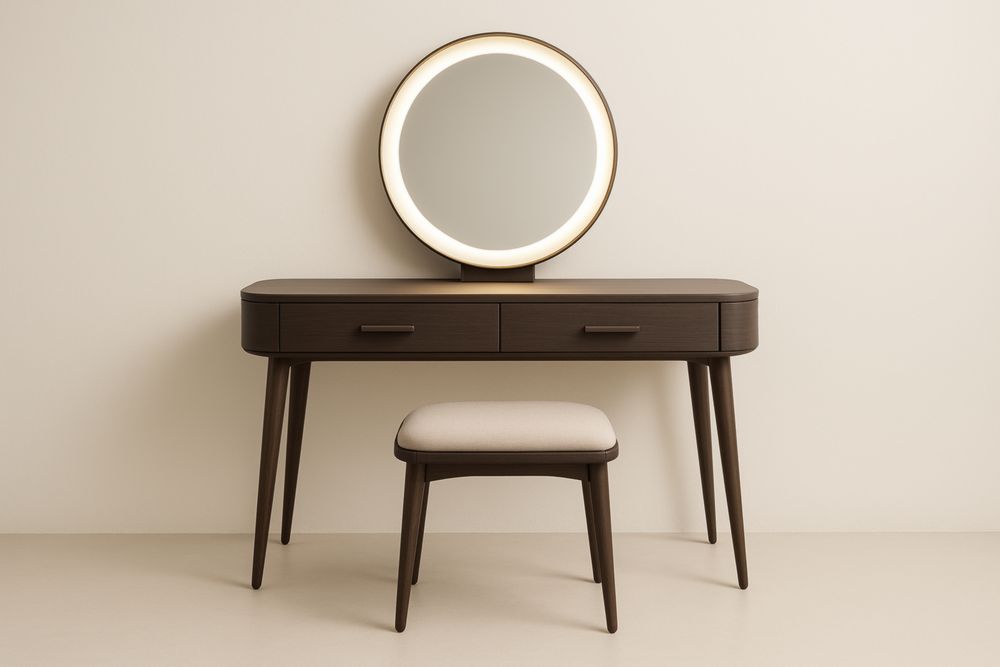 Tavolo da toeletta in legno massello marrone con specchio rotondo LED e cuscino beige