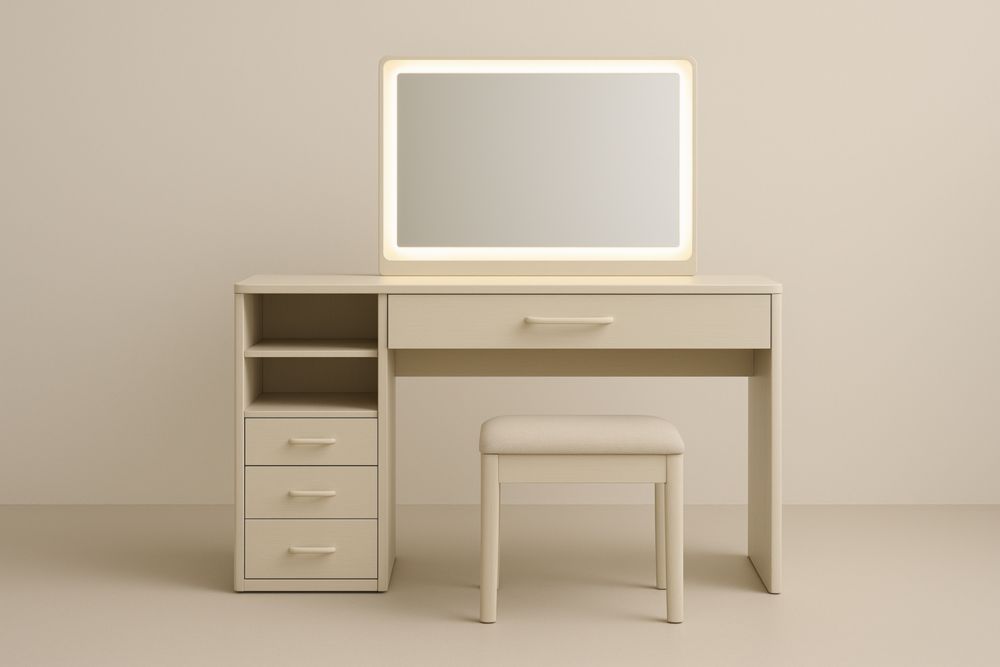 Tavolo da toeletta con specchio LED in MDF e sedia imbottita Crema