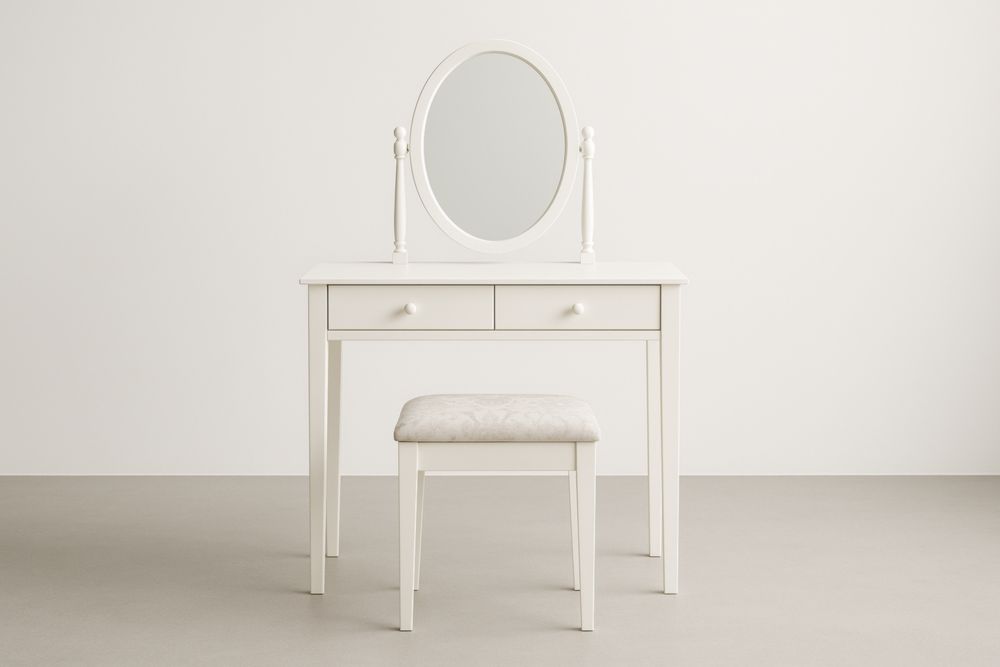 Toletta in MDF bianco con specchio ovale e sgabello