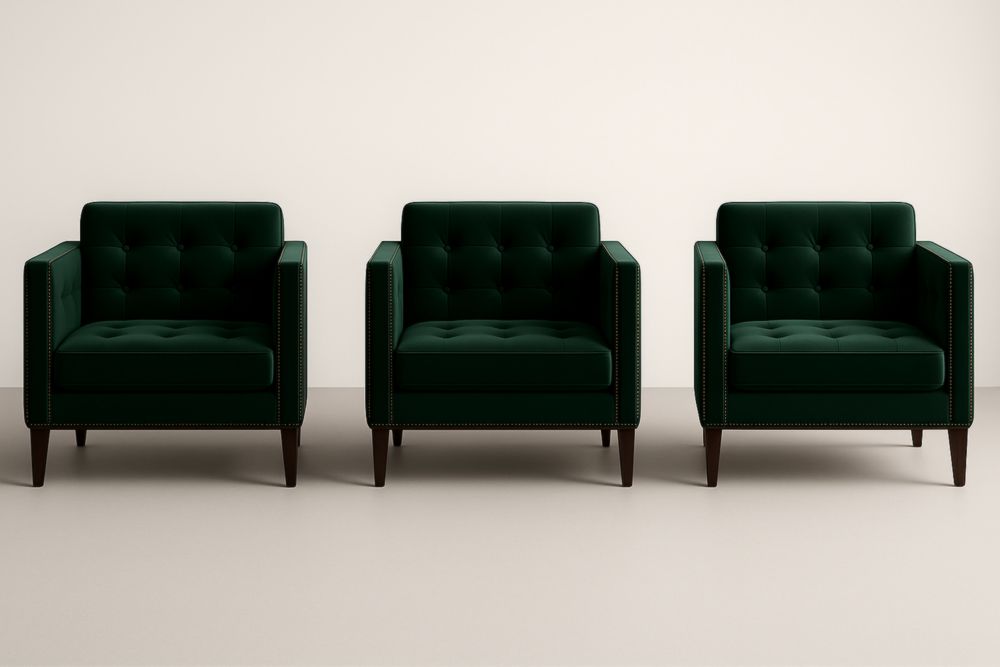 Set di 3 poltrone in velluto verde con gambe in legno