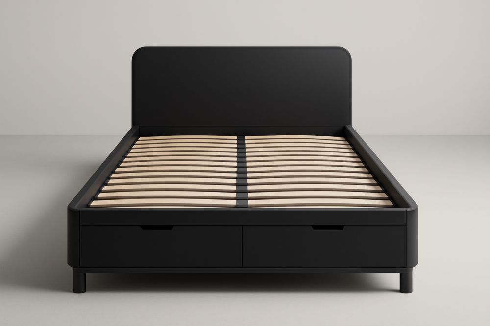 Letto Matrimoniale 160x200 cm in MDF Nero con Cassetti Contenitori Integrati e Rete a Doghe in Betulla, Richiede Montaggio