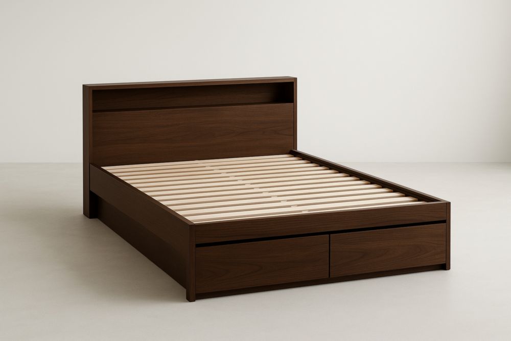 Letto matrimoniale in legno con cassetti e testiera marrone