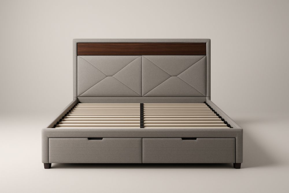 Letto Matrimoniale 160x200 cm in Tessuto Grigio con Cassetti e Doghe