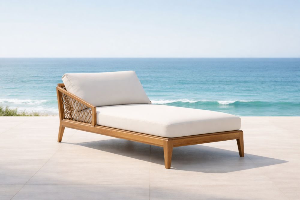 Chaise longue extérieure en bois avec coussins crème