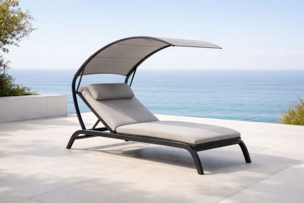 Chaise Longue Extérieure Métal Anthracite Coussins Polyester Gris avec Toit