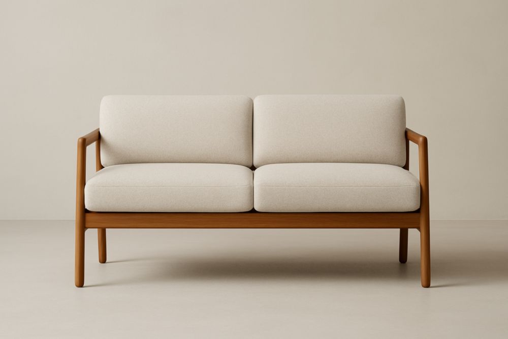 Canapé 2 places en tissu beige cadre en bois massif avec coussin