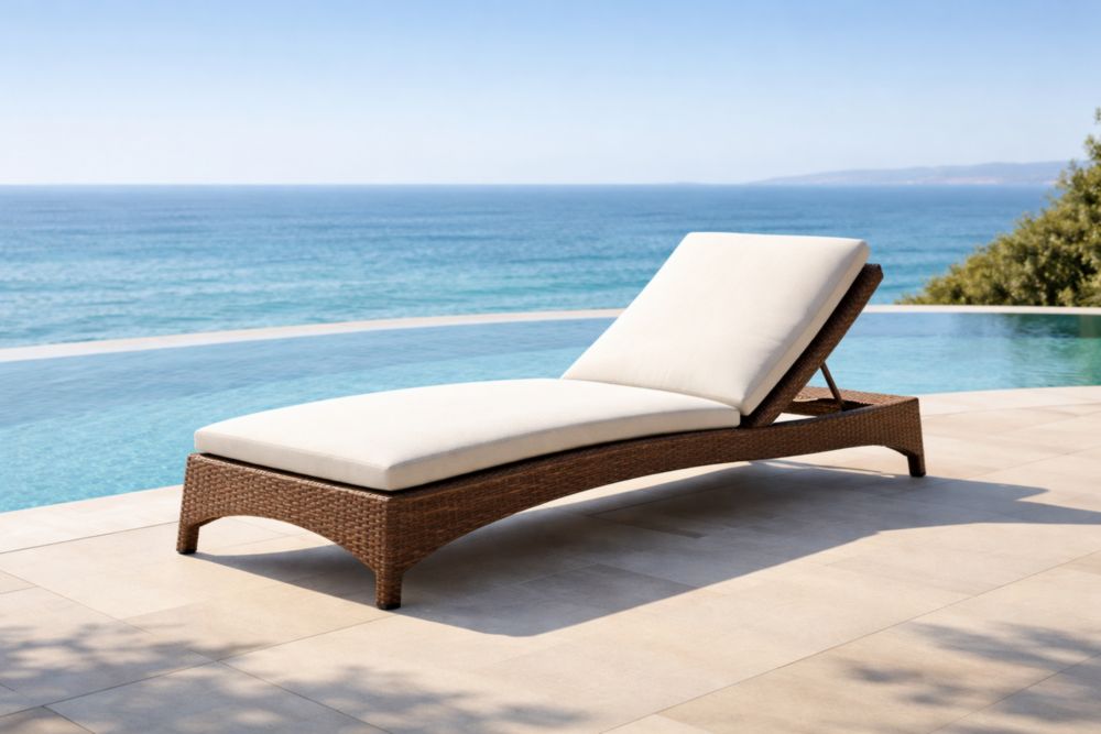 Chaise Longue en Résine Tressée Cognac avec Coussin Beige