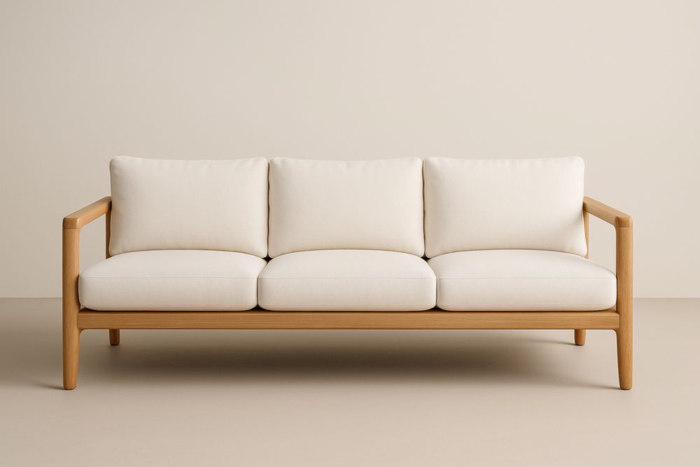 Canapé 3 places en Chêne massif avec coussins en lin Blanc