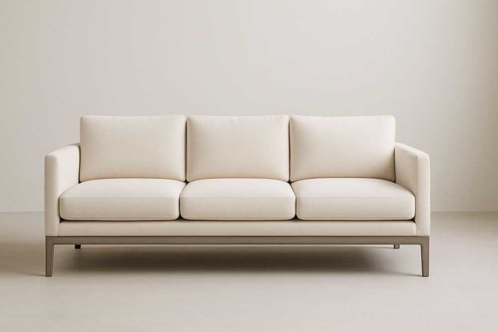 Canapé 3 places en bois massif avec coussins en polycoton beige