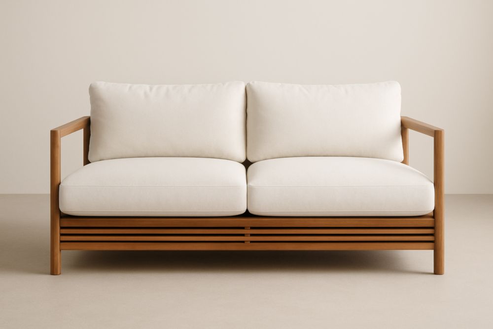 Canapé 2 Places Bois massif Tissu Blanc avec coussin