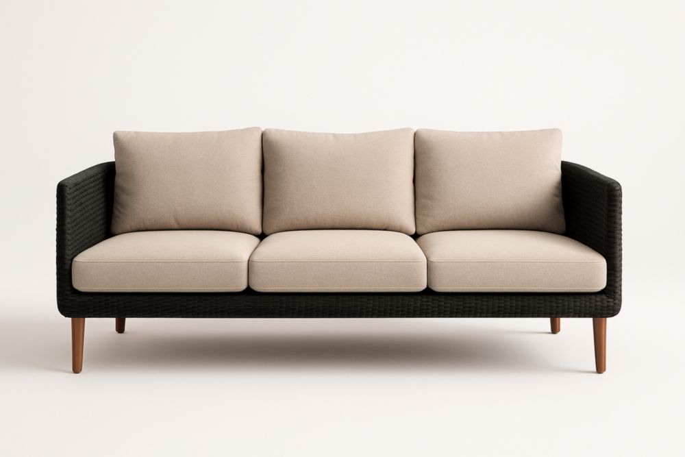 Canapé trois places rotin noir coussins tissu beige pieds en bois massif 200x80x85 cm