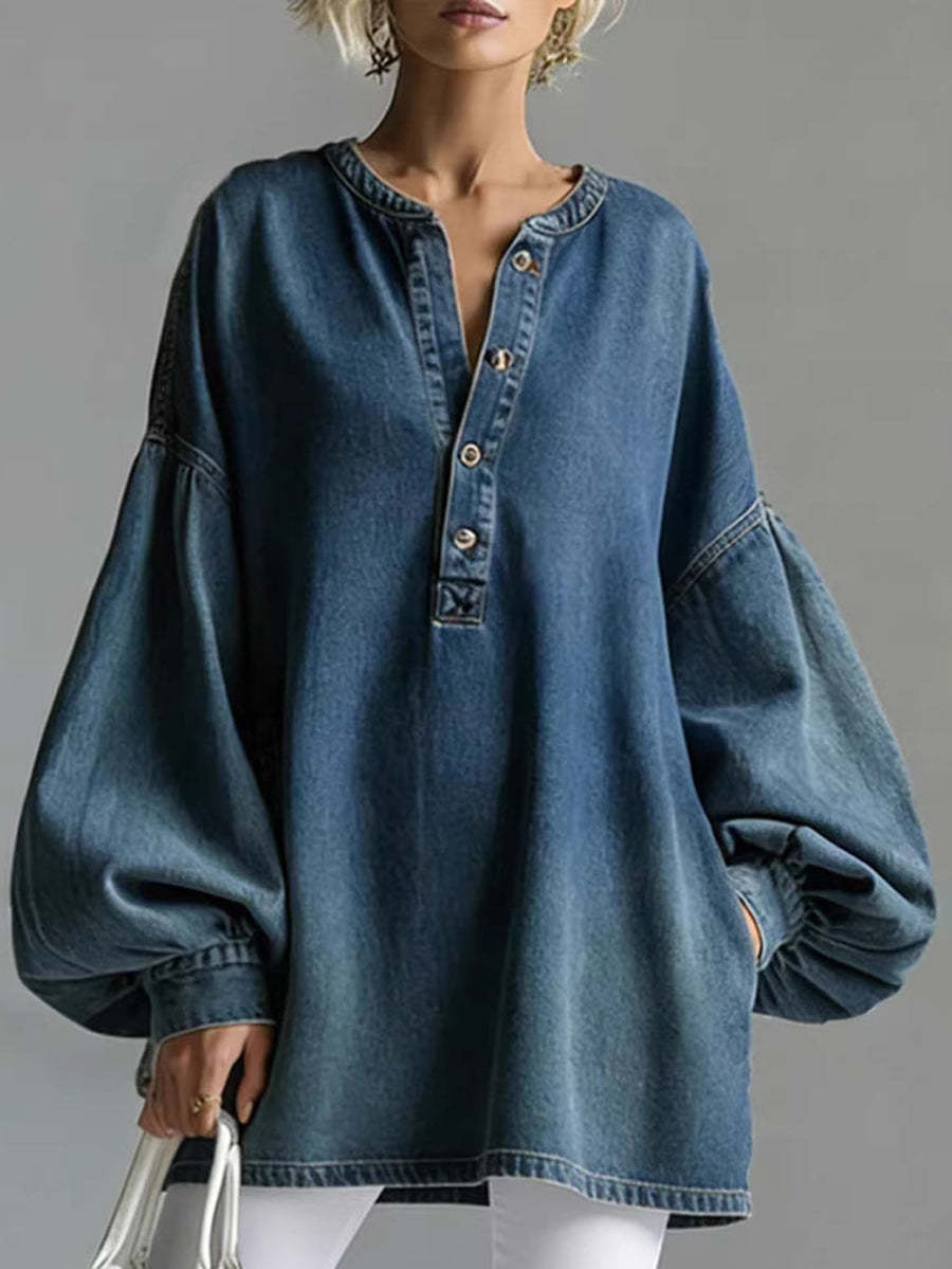 Plus Size Friendly-Long Sleeves Loose Buttoned Split-Joint Round-Neck Blouses&Shirts Tops