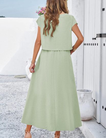 2025 Summer Skirt Sets Women 2 Piece Outfits Cap Sleeve Top Elastic Waist Maxi Dress Sets with Pockets