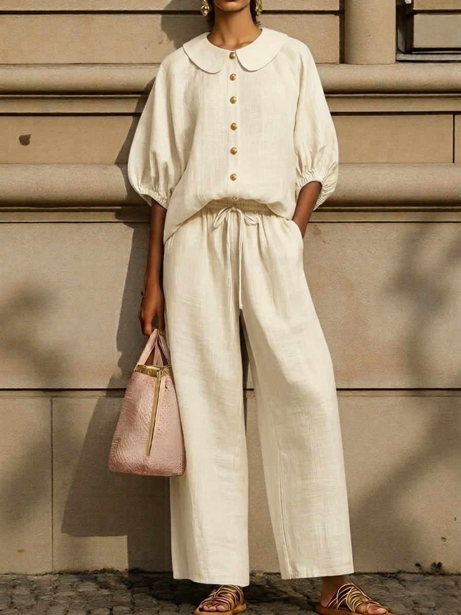 Plus Size Friendly-New Arrivals🔥Stylish Peter Pan Collar Shirt And Wide-leg Pant Linen Two-piece Set