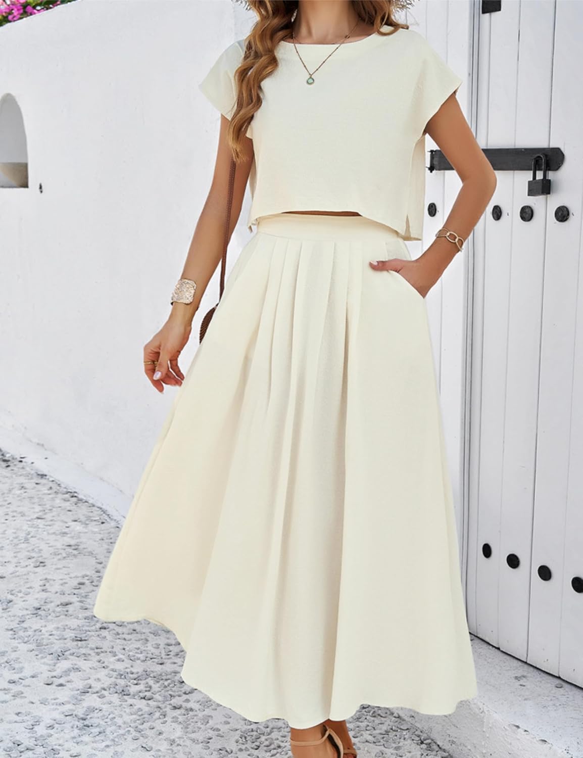 2025 Summer Skirt Sets Women 2 Piece Outfits Cap Sleeve Top Elastic Waist Maxi Dress Sets with Pockets