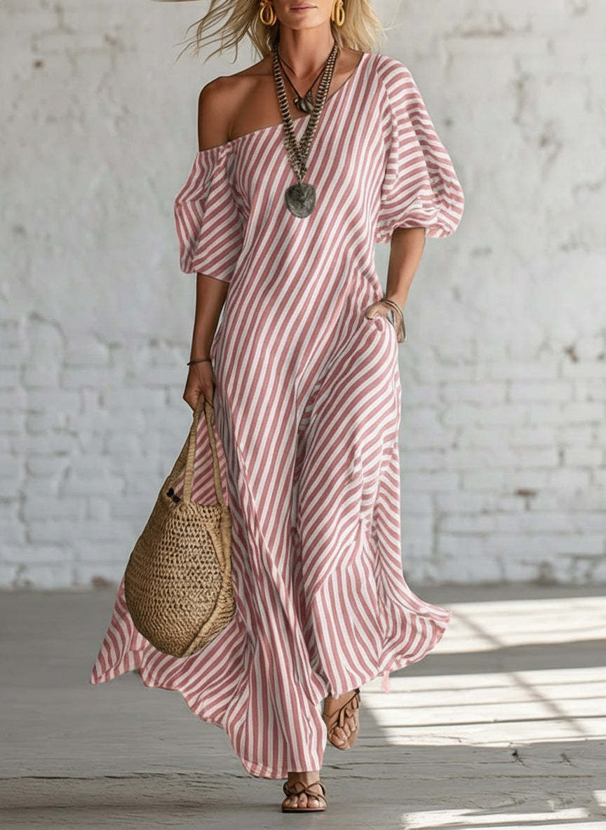 Elegant And Classic Striped Off-shoulder Maxi Dress