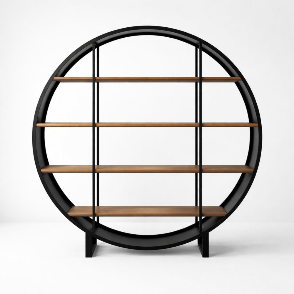 Bibliothèque ronde en bois et métal noir et marron, 180 cm