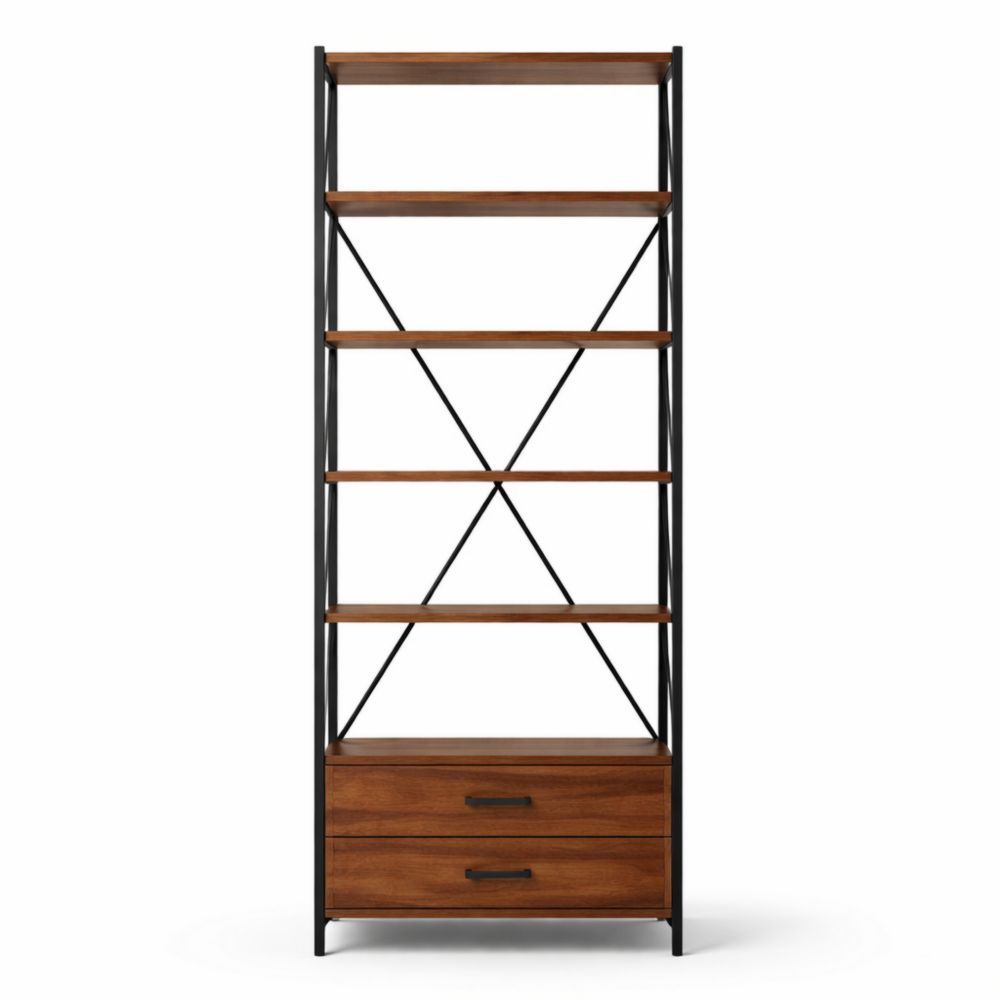 Étagère en bois massif et métal noir avec 5 niveaux et 2 tiroirs