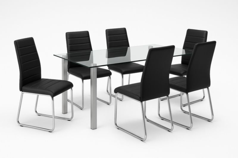 Table en verre avec 6 chaises en similicuir noir