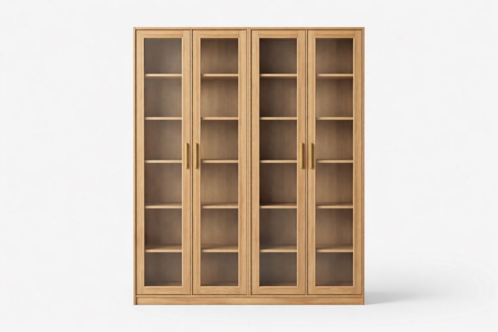 Bibliothèque en bois de chêne avec portes en verre trempé