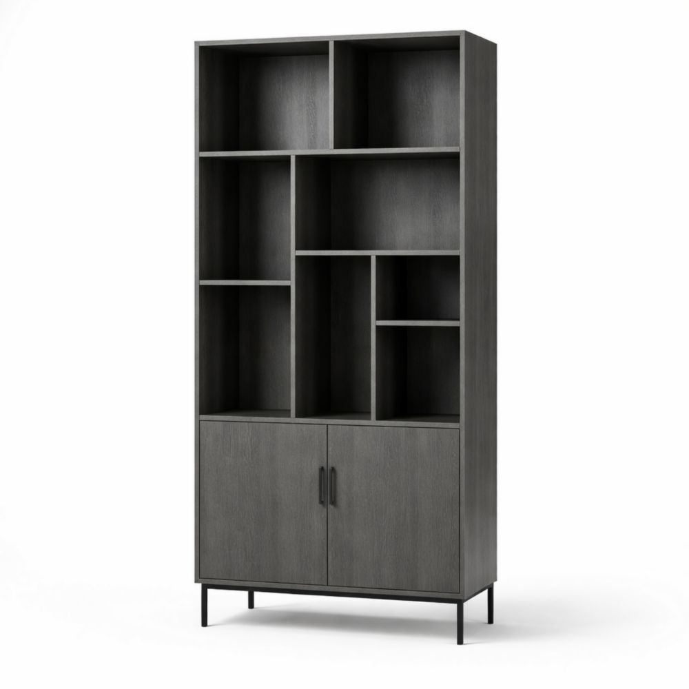 Bibliothèque en Bois Gris avec Étagères et Portes 180 cm