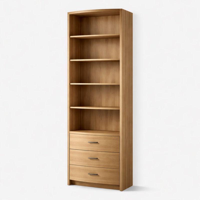 Bibliothèque en bois à cinq étagères avec trois tiroirs