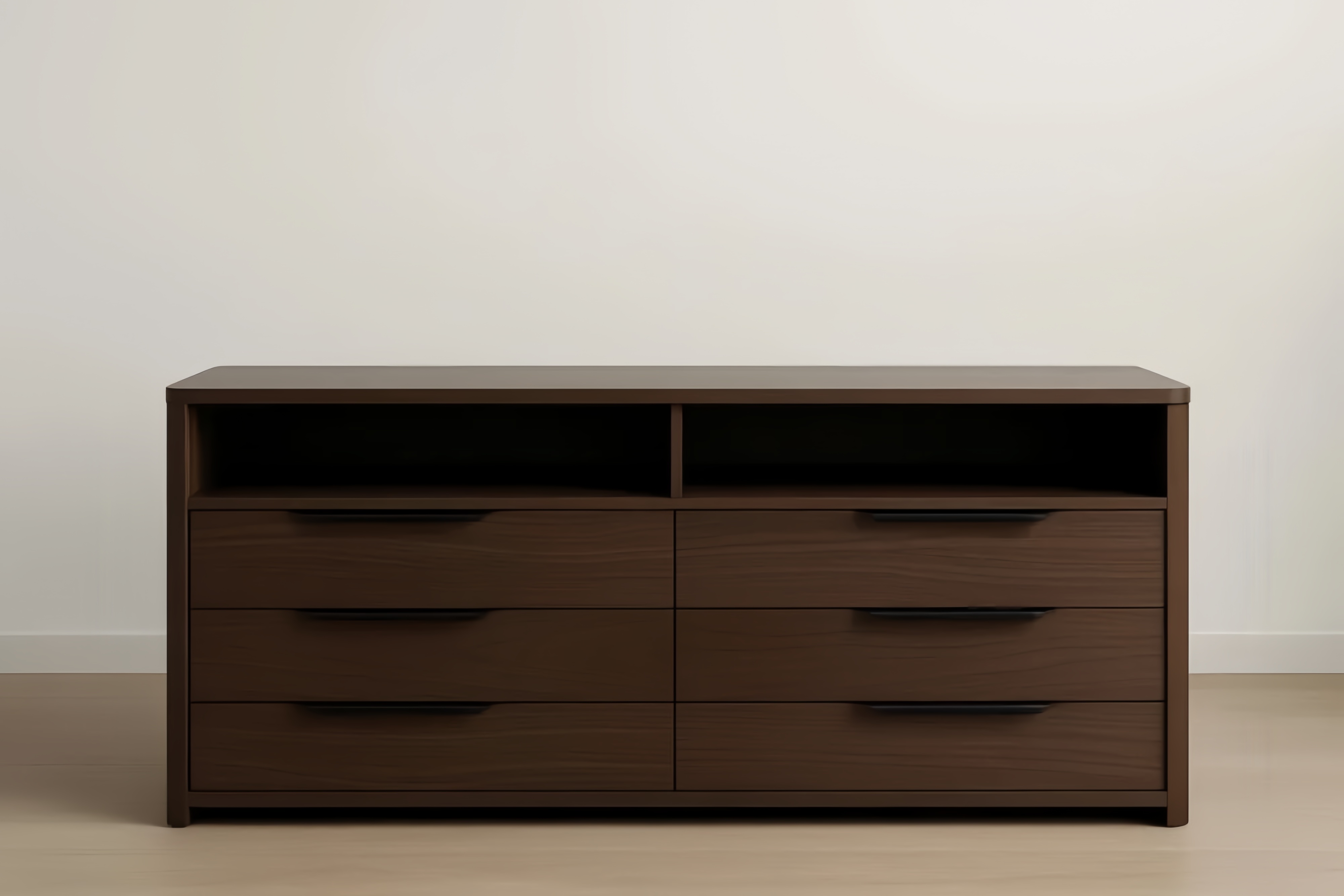 Cassettiera in truciolato marrone con sei cassetti e ripiani aperti