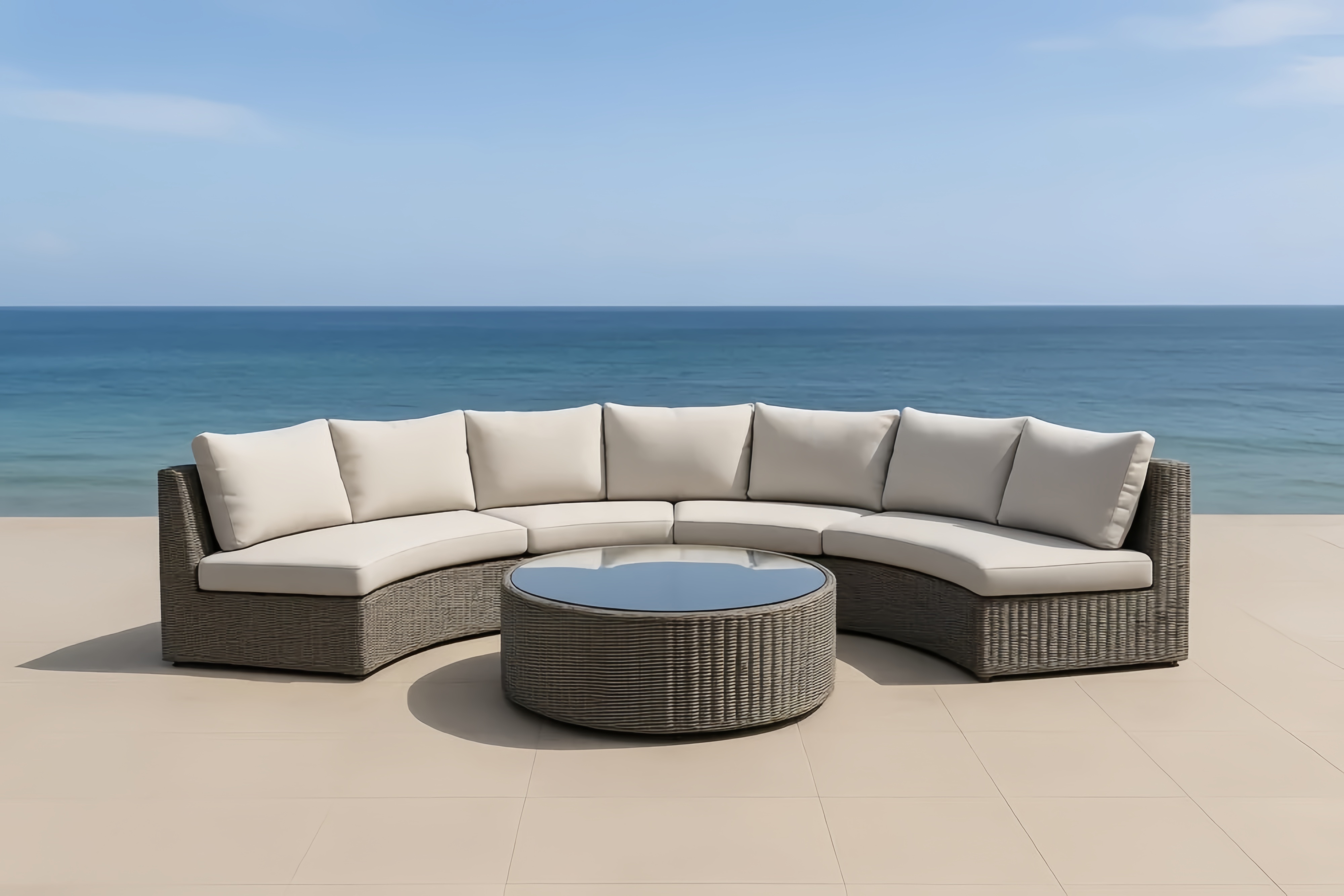 Set Divano ad angolo da Esterno in Rattan con Cuscini Beige Tavolo Vetro