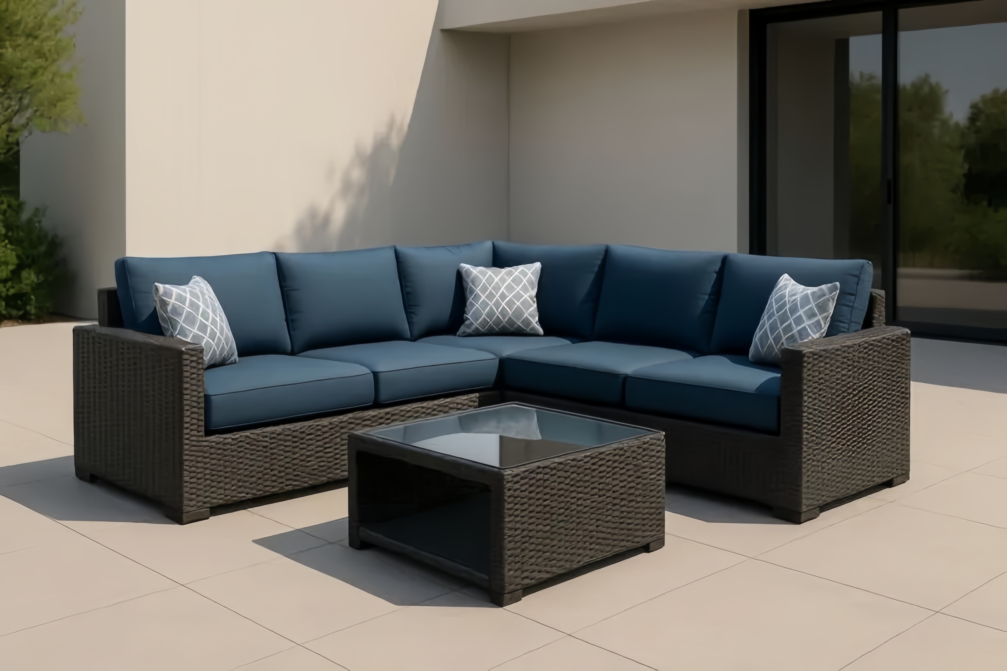 Divano ad angolo da Esterno in Rattan con Cuscini Blu e Tavolino in Vetro