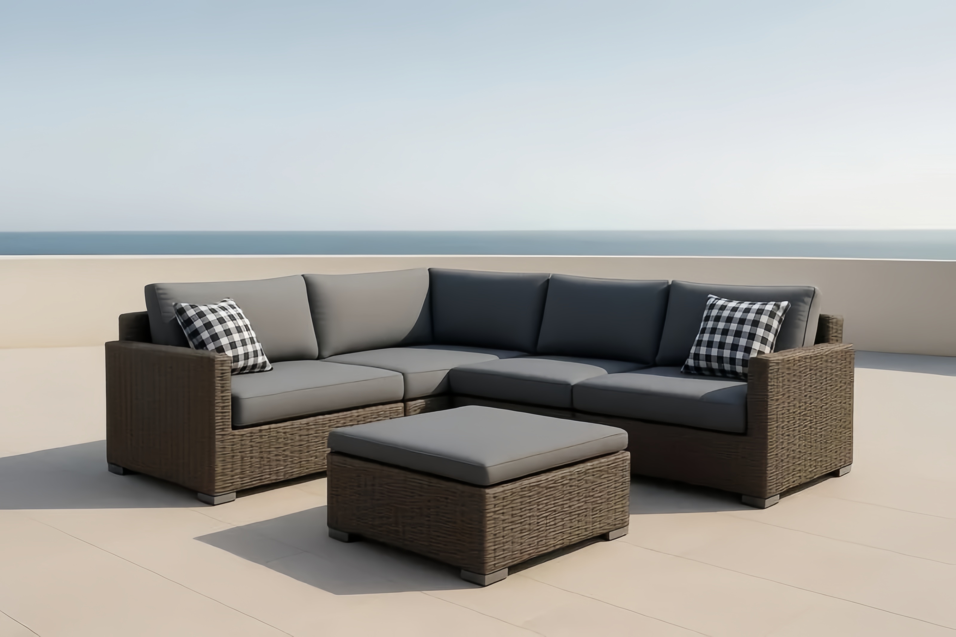 Set Divano ad angolo da Esterno in Rattan e Cuscini in Poliestere Grigio