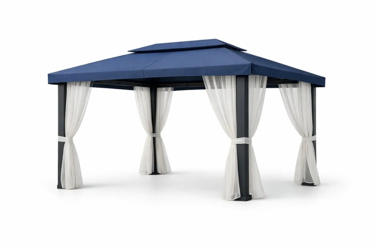 Gazebo in Alluminio con Tetto in Tessuto Blu e Tende Bianche 3x3 m