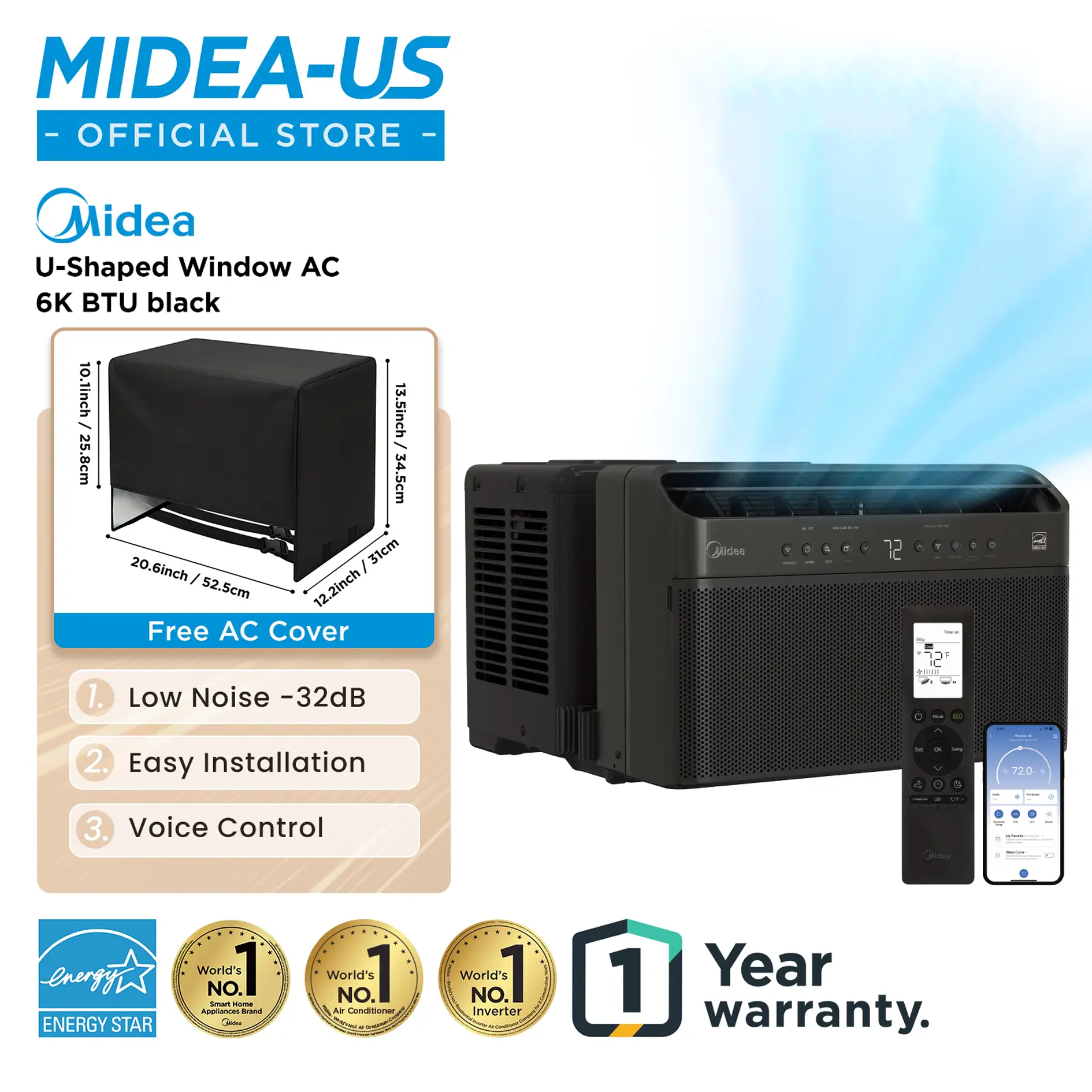 Midea 6K/8K/10K/12K BTU U Shaped Smart Inverter New Window Air Conditioner,  2026 version AC, Cools up to 450 Sq. Ft.,Ultra Quiet with Open Window Flexibility, Works with Alexa/Google Assistant, 35% Energy Savings, Remote Control