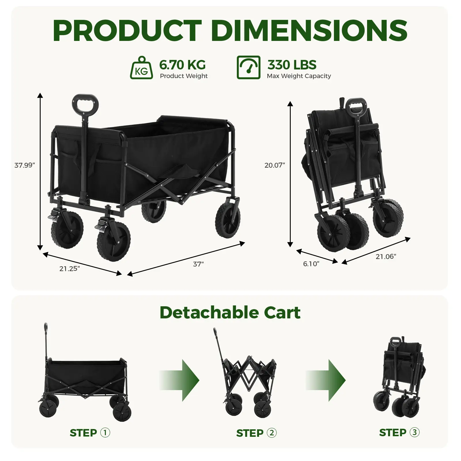 Collapsible Wagon Cart – 102L Heavy Duty, 330 lbs Capacity with Wheels & Flexible Handle for Sports, Grocery, Garden & Camping