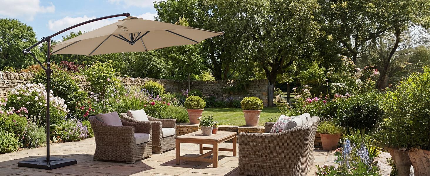 【With Base】10ft Offset Outdoor Patio Umbrella with Base, Easy Tilt & Crank, Adjustable Polyester Shade for Garden, Backyard, Poolside