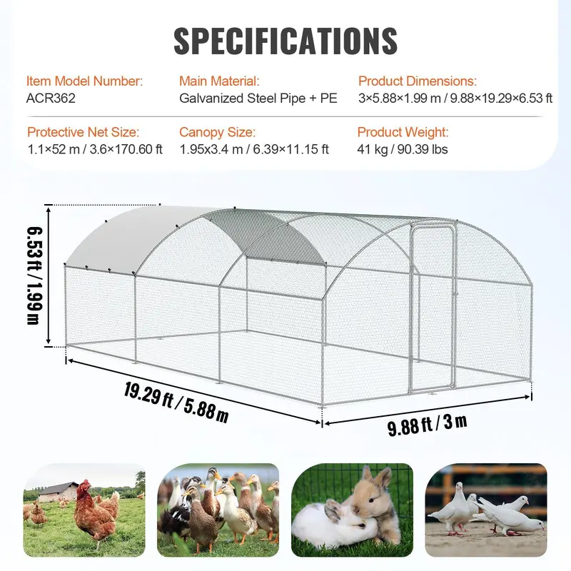 VEVOR Large Metal Chicken Coop, 9.8x12.9x6.6 ft Walk in Chicken Run for Yard with Waterproof Cover, Doom Roof Hen House with Security Lock for Outdoor and Backyard, Farm, Duck Rabbit Cage Poultry Pen