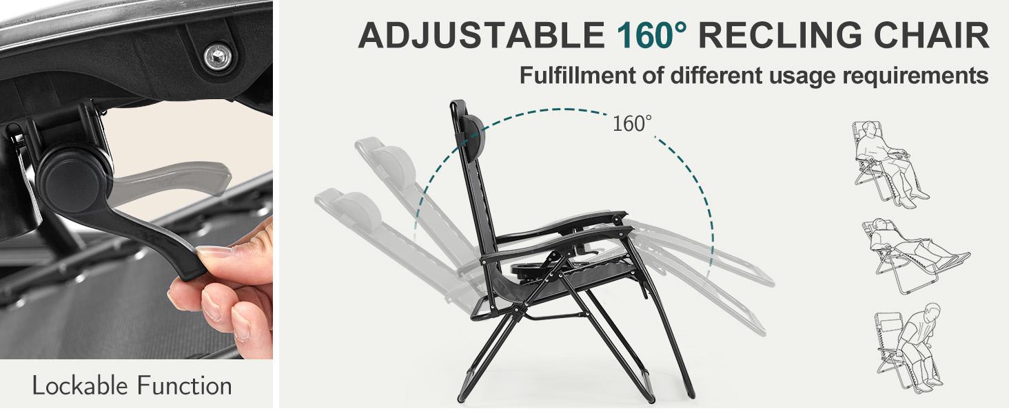 Zero Gravity Set of 2 Folding Lounge Chairs with Cup Holder Trays, Adjustable Pillow, Camping and Poolside Accessory, Outdoor Design