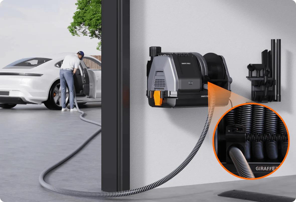 Giraffe Tools Grandstorm Vacuum Cleaner 30ft Retractable 20KPA Suction 6 Nozzles 4.5 Gallon Dustbin Wall Mounted Wet Dry Home Cleaning Solution