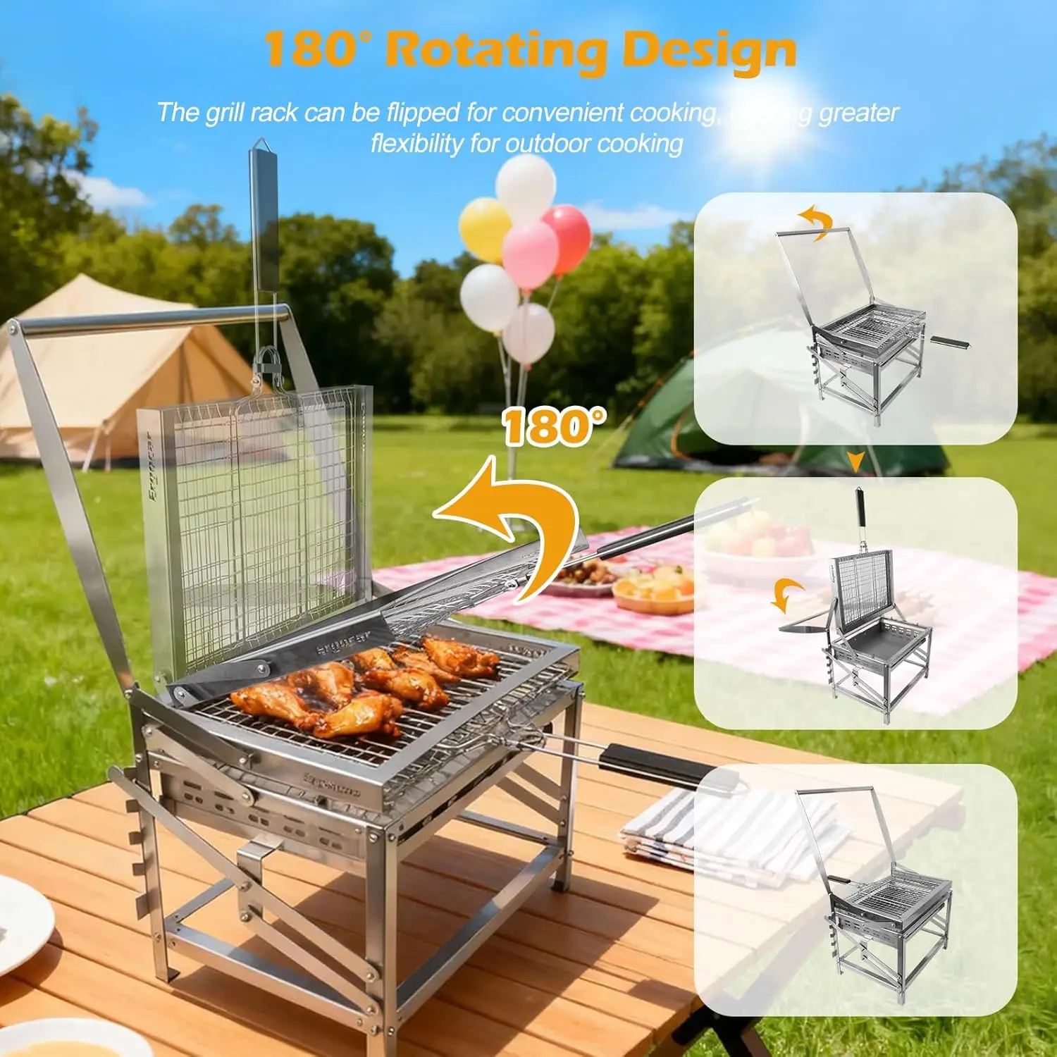 AresCart™ Charcoal Grill with 360° rotating design for even cooking.