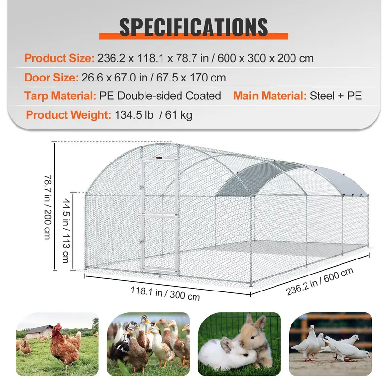 VEVOR Large Metal Chicken Coop, 9.8x12.9x6.6 ft Walk in Chicken Run for Yard with Waterproof Cover, Doom Roof Hen House with Security Lock for Outdoor and Backyard, Farm, Duck Rabbit Cage Poultry Pen