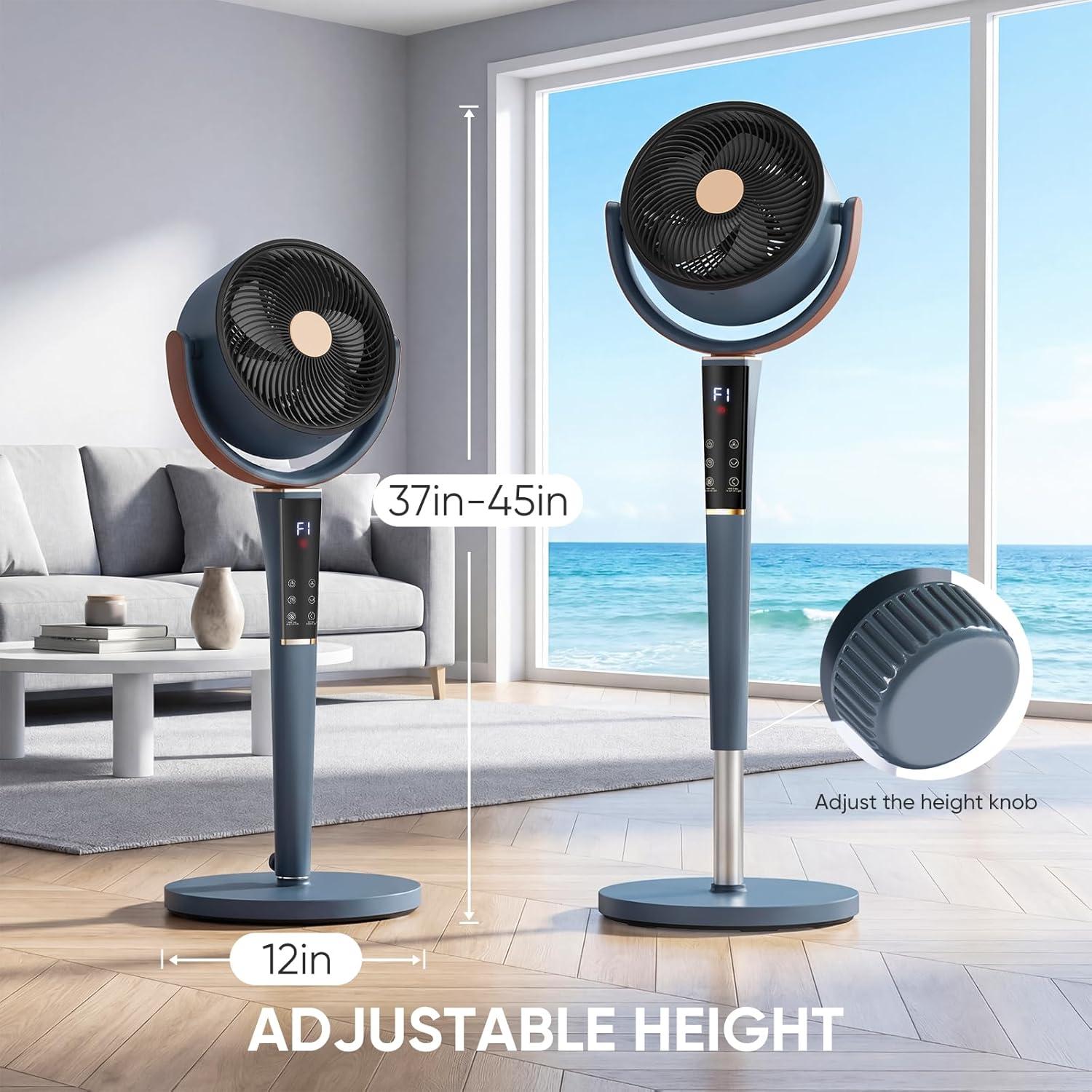 Fan for Bedroom, 1050 CFM Pedestal Standing Fan, Brushless DC Motor, 120&deg; Omni Oscillation, 15 Speeds 5 Modes, Digital Display & Remote, 1-12H Timer, Height Adjustable 37-45 Inch, Quiet Air Circulator for Home Office