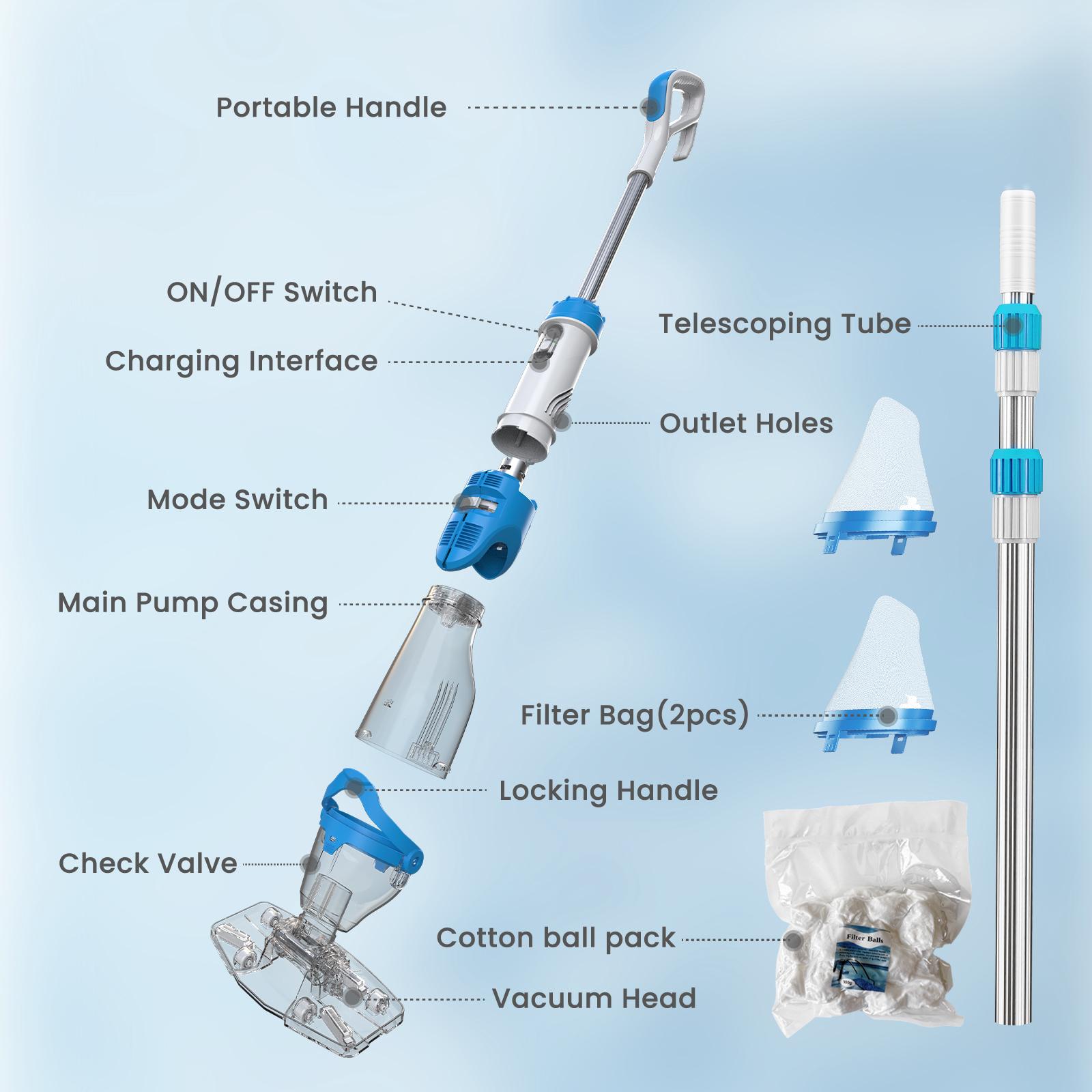 【Spring Cleaning】Enhulk New Upgrade PC18 Pool Vacuum for Above Ground Pool with Telescopic Pole, Running time up to 1H, Handheld Design with Powerful Suction up to 18.5 gallon/min Ideal for Leaves, Debris