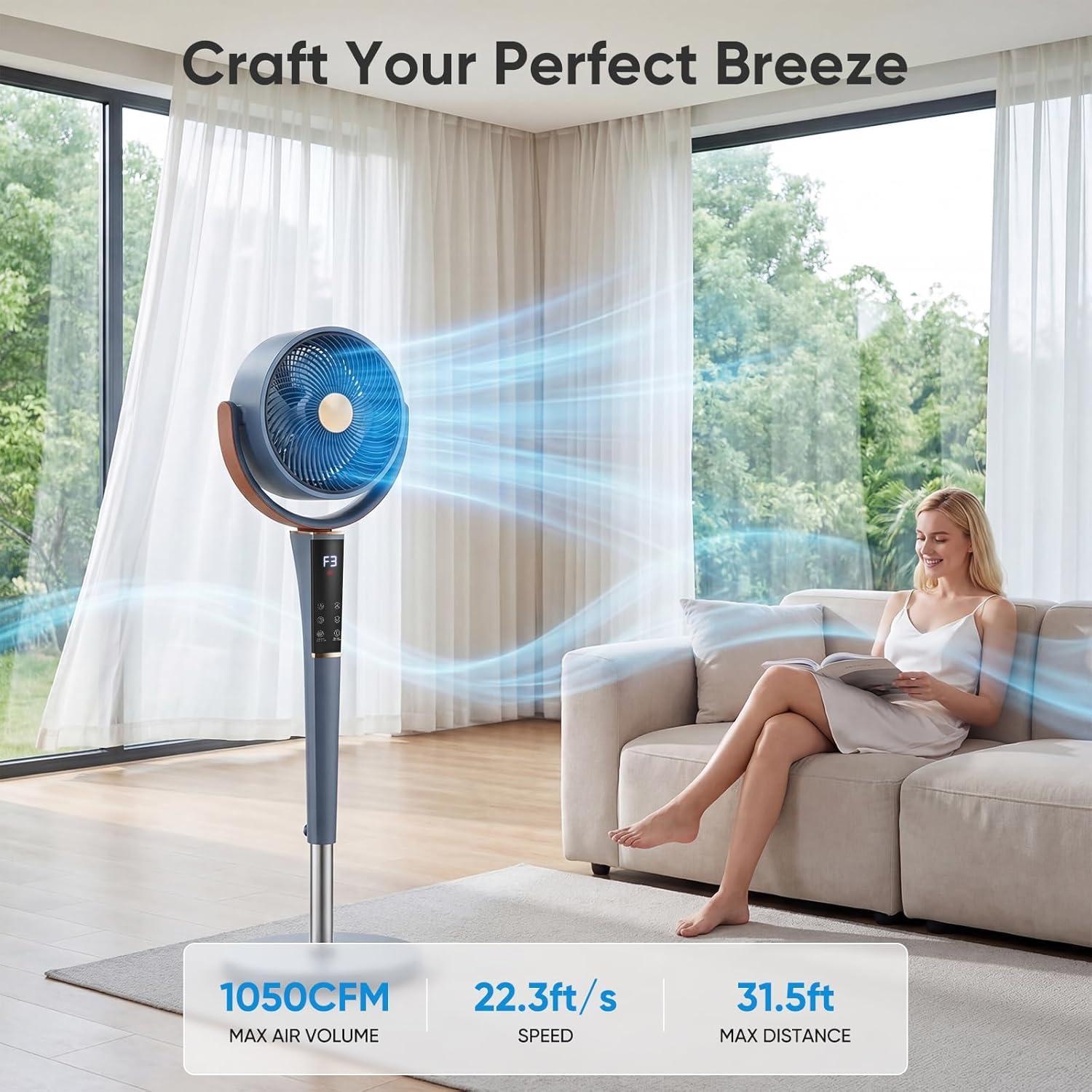 Fan for Bedroom, 1050 CFM Pedestal Standing Fan, Brushless DC Motor, 120&deg; Omni Oscillation, 15 Speeds 5 Modes, Digital Display & Remote, 1-12H Timer, Height Adjustable 37-45 Inch, Quiet Air Circulator for Home Office